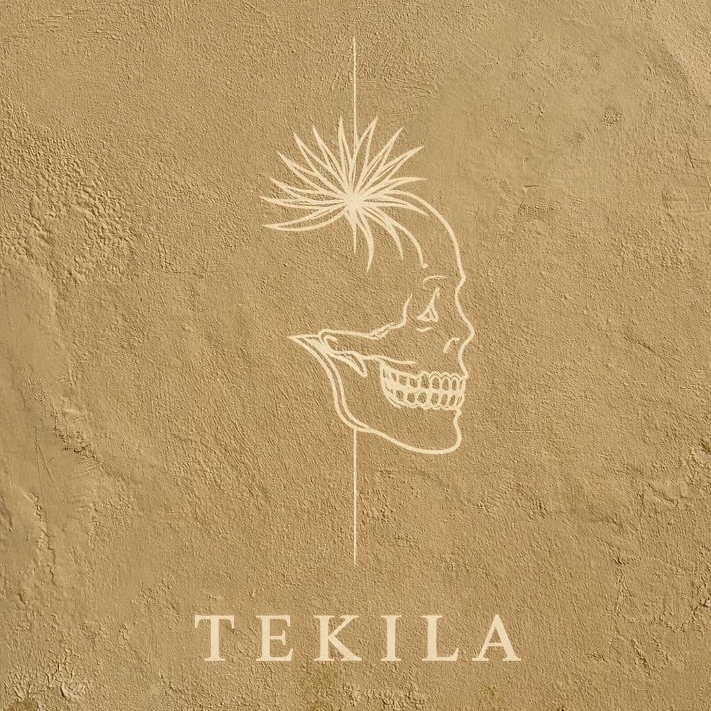 The Tekila skull-and-agave mark, gold line art on a textured field